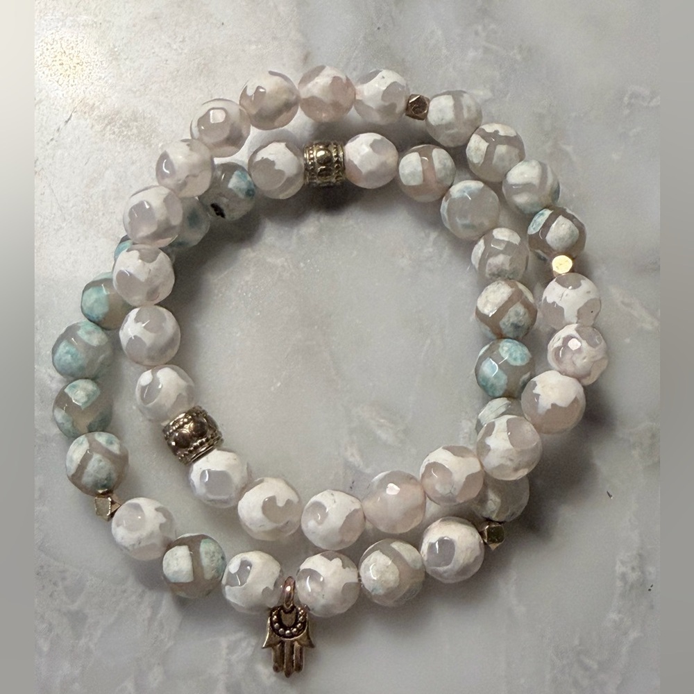 Handmade White Agate & Amazonite Hamsa Bracelet